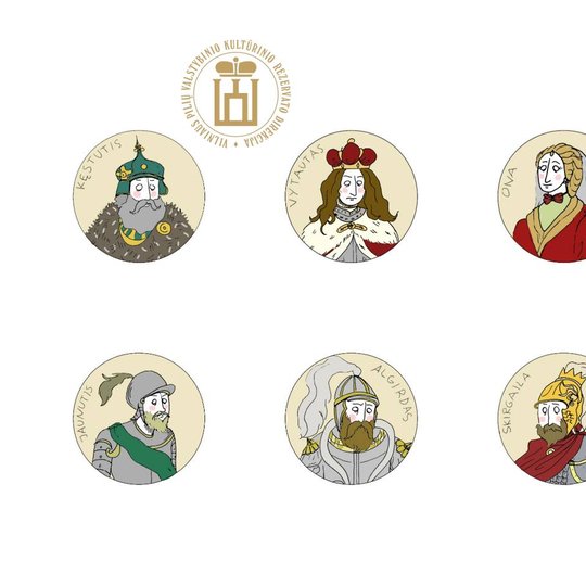 Stilizuoti Lietuvos viduramžių valdovų portretai.