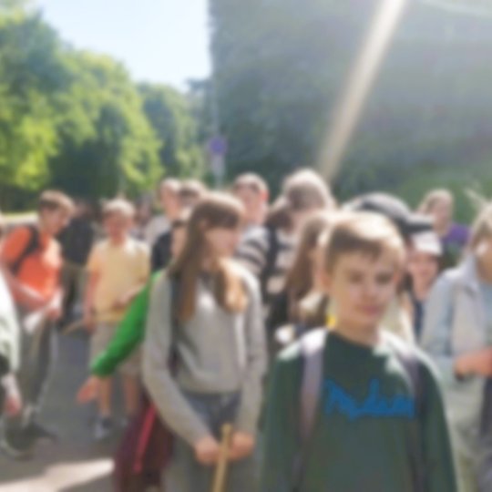 Gausus moksleivių būrys leidžiasi nuo Kreivosios pilies.