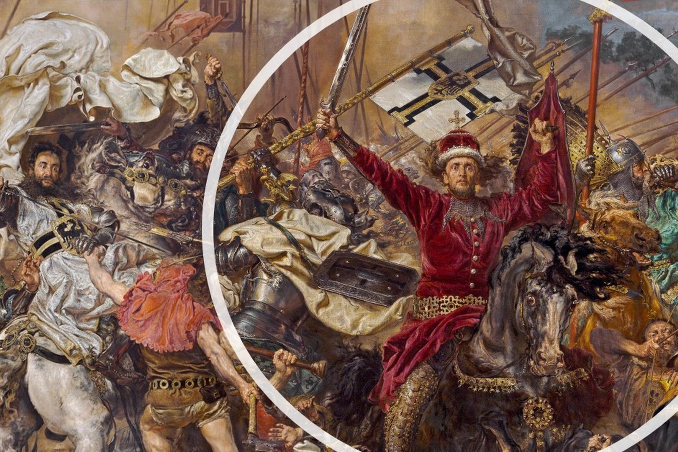 Paveikslėlyje vaizduojamas Jano Mateikos devynioliktame amžiuje nutapytas paveikslas "Žalgirio mūšis" ir jame matomas Vytautas Didysis.