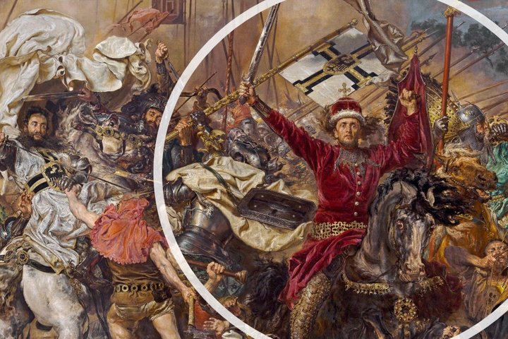 Paveikslėlyje vaizduojamas Jano Mateikos devynioliktame amžiuje nutapytas paveikslas "Žalgirio mūšis" ir jame matomas Vytautas Didysis.