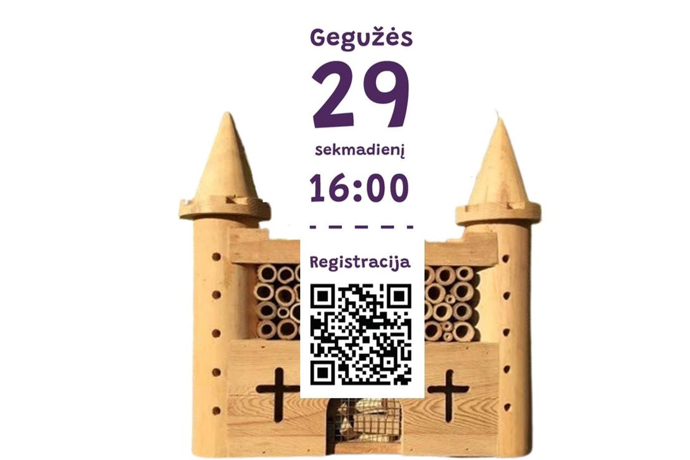 Renginio afiša. Fone medinė vabalų pilis du dviem bokštais. Viduryje renginio data, laikas ir QR kodas.