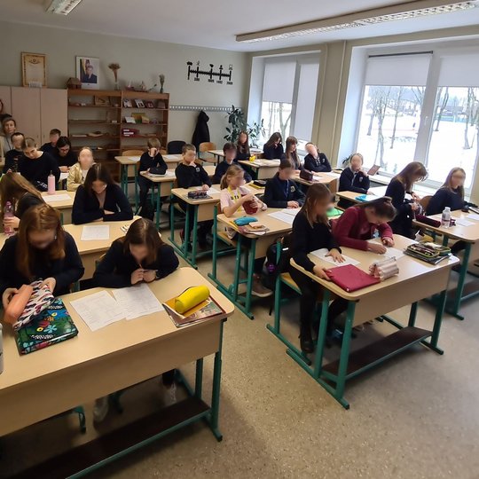 Penktokų klasė, sėdintys suoluose. Klasės gale mokytoja stebi vedamą istorijos pamoką.