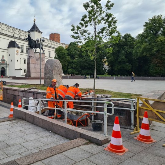 UAB „Grinda“ darbuotojai darbuojasi ties atramine sienele. Toliau matosi Gedimino paminklas, Valdovų rūmai ir Aukštutinė pilis.