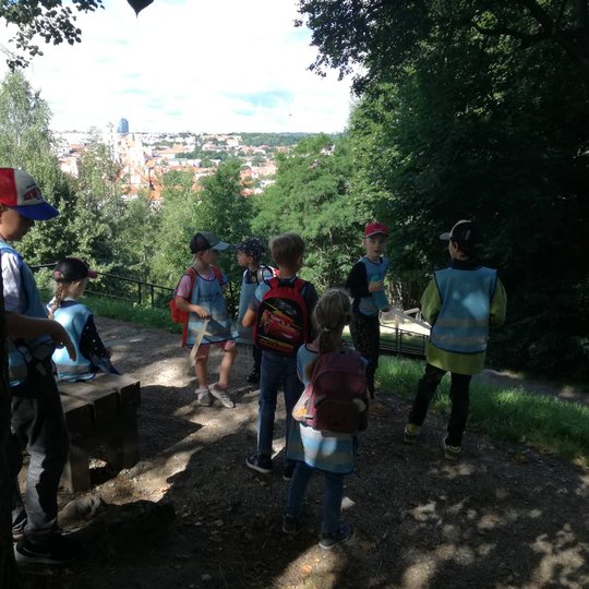 Vaikai ant Altanos kalno. Tolumoje matosi Vilniaus panorama.