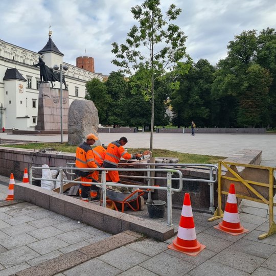 UAB „Grinda“ darbuotojai nuoširdžiai stengiasi sutvarkyti atraminę sienelę. Toliau matosi Gedimino paminklas, Valdovų rūmai ir Aukštutinė pilis.