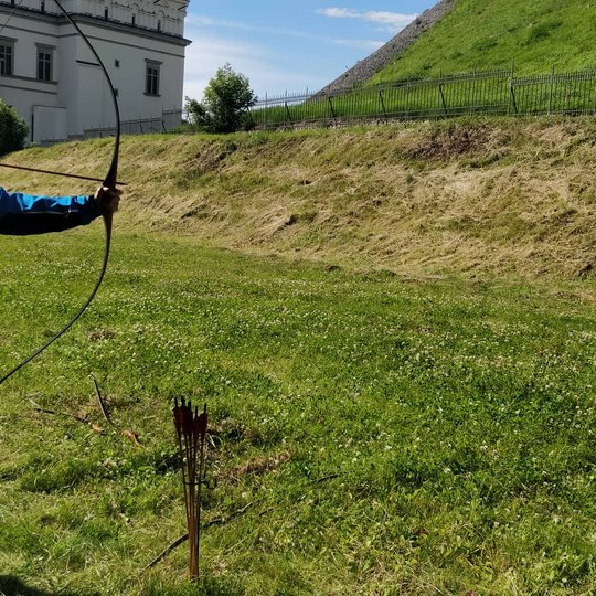 Mėlyną striukę apsirengęs vaikinas iš lanko taikosi į taikinį.