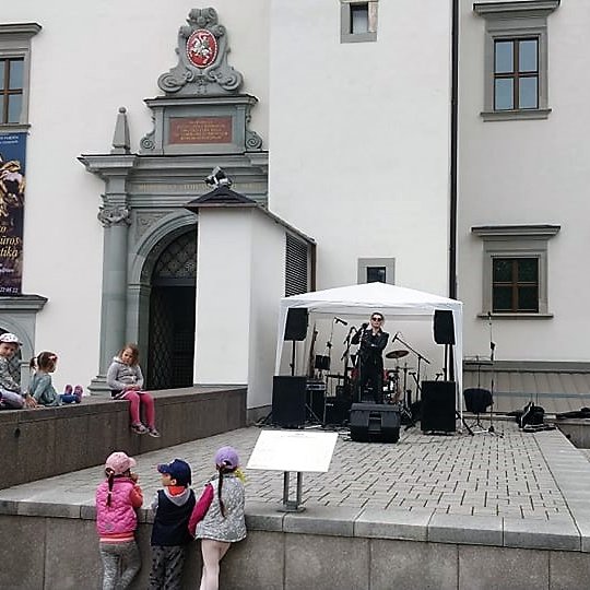 Muzikantas ruošiasi groti šalia Valdovų rūmų pagrindinių vartų.
