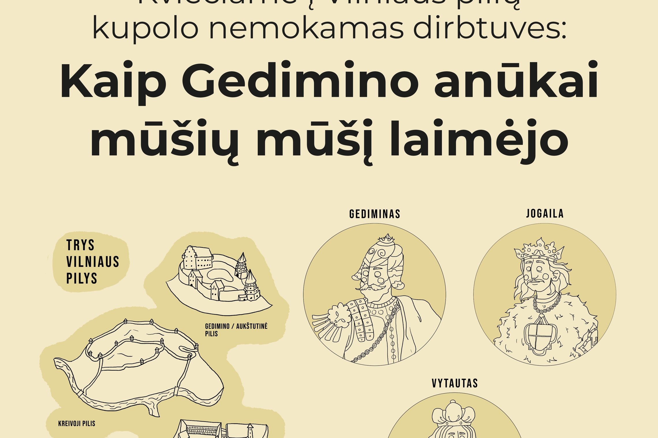 Plakatas, kuriame pavaizduotos trys Vilniaus pilys ir Lietuvos valdovai - Gediminas, Vytautas ir Jogaila.