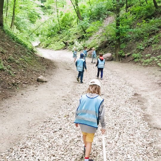 Vaikai su mėlynomis  atšvaitinėmis liemenėmis eina Didžiąją Griova. 