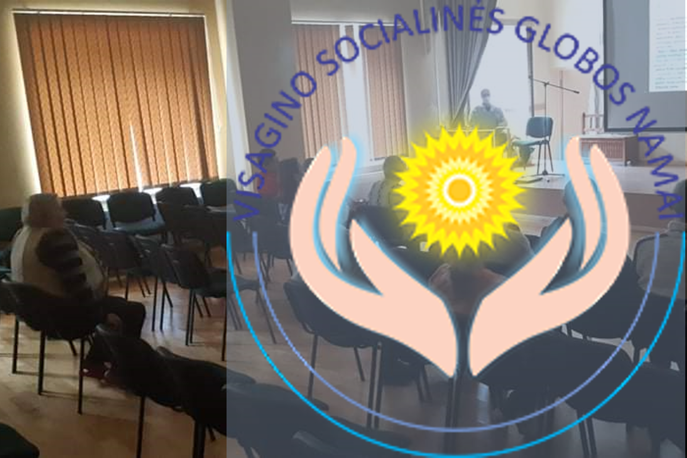 Žmonės salėje klausosi paskaitos nuotoliniu būdu. Nuotraukos priekyje Visagino socialinės globos namų" logotipas.