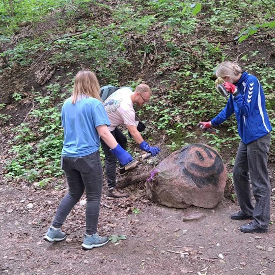 Trys žmonės valo akmenį miško take – nuo jo bando pašalinti nupieštą juodą graffiti simbolį. Visi dėvi pirštines, du asmenys turi apsaugines kaukes ar respiratorius, vienas – purškia valymo priemonę. Fone – šlaitas, augmenija ir medžiai. Vaizdas atspindi