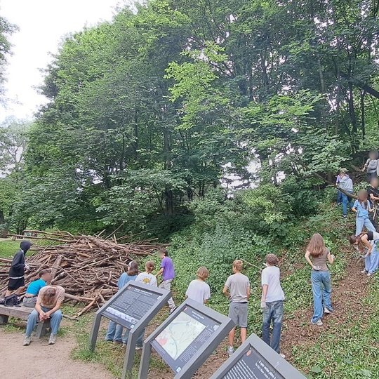 Didelė vaikų ar paauglių grupė dirba šlaite miško pakraštyje – dalis jų renka šakas, kita dalis tvarko augmeniją ar stovi prie informacinių stendų. Kairėje matyti suolus ir sukrauta didelė šakų krūva. Fone – tankus vasariškas miškas, o priekyje – parko ta