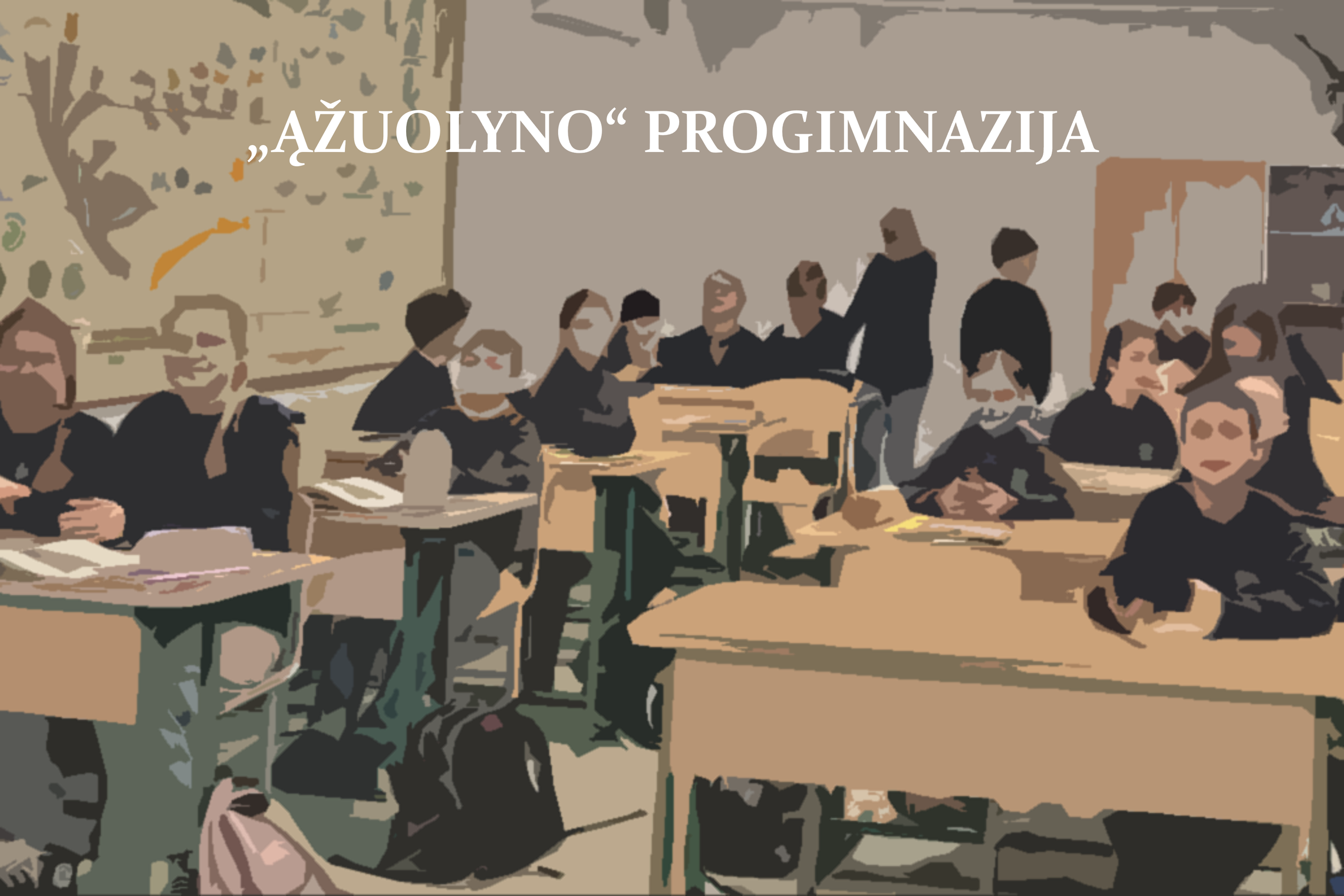 Nuotrauka vaizduoja klasėje sedinčius mokinius, tačiau ant jos uždėtas filtras, todėl labiau atrodo kaip siluetai ir figūros. Nuotraukos viršuje didžiosiomis raidėmis, dideliu šriftu parašyta "Ąžuolyno progimnazija".