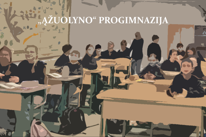 Nuotrauka vaizduoja klasėje sedinčius mokinius, tačiau ant jos uždėtas filtras, todėl labiau atrodo kaip siluetai ir figūros. Nuotraukos viršuje didžiosiomis raidėmis, dideliu šriftu parašyta "Ąžuolyno progimnazija". 