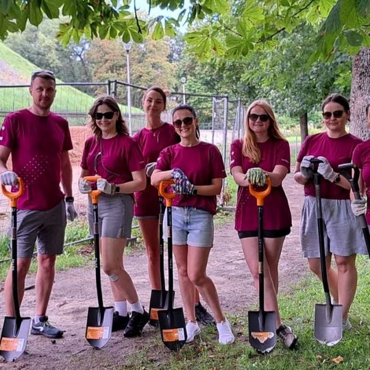 Grupė savanorių vilkėdami vienodais tamsiai raudonais marškinėliais pozuoja su kastuvais rankose žalioje aplinkoje, greta medžių ir statybinių tvorų. Visi šypsosi, pasirengę darbui – fone matyti Gedimino kalnas, o nuotaika – darbinga ir vieninga.
