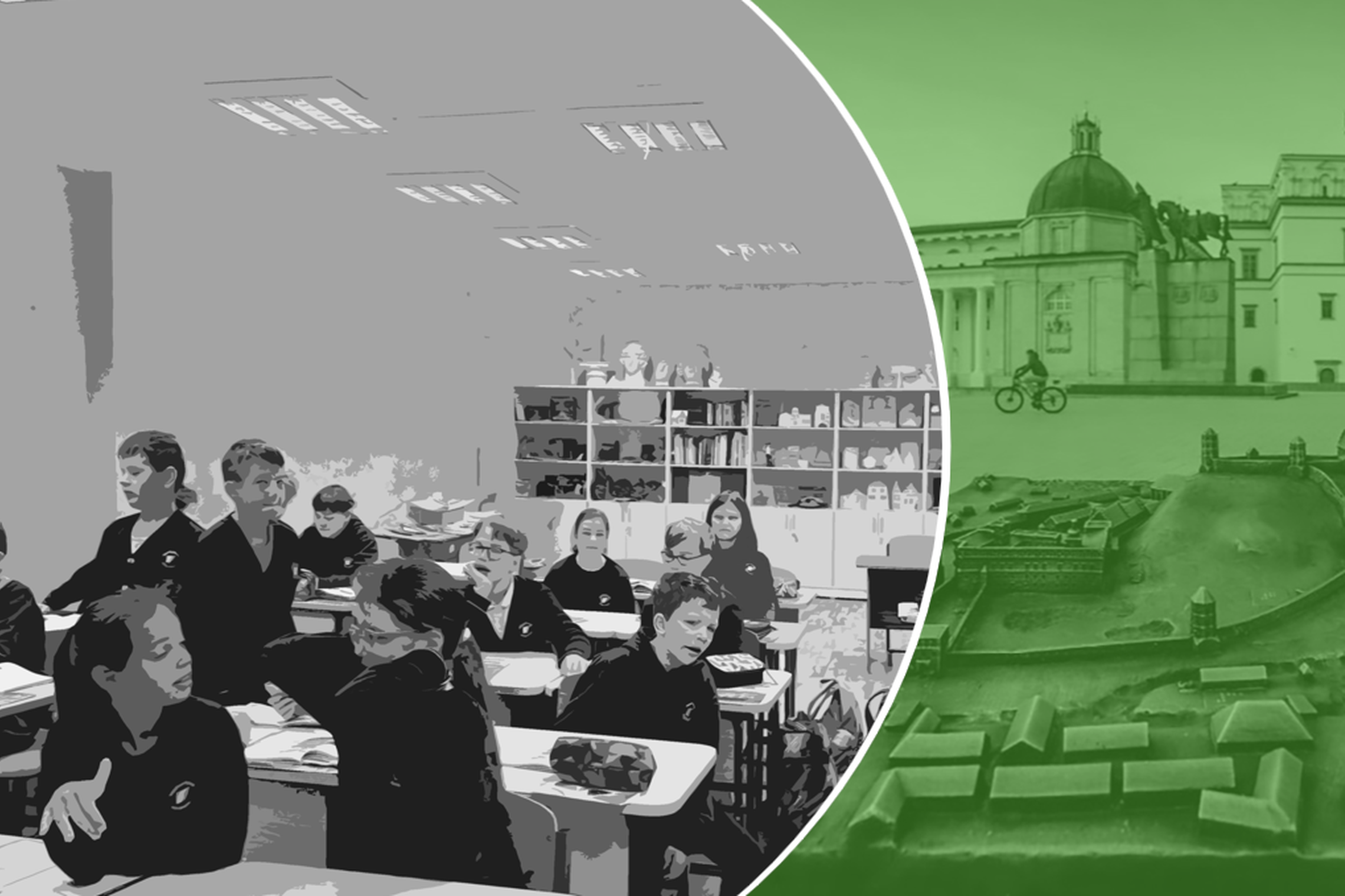 Nuotrauka yra padalinta į dvi dalis. Kairė pusė yra su juodai baltu filtru. Matosi nupiešta mokinių klasė, kurioje vaikai kalba, diskutuoja su savo suolo draugais. Už jų matosi lentynos su knygomis. Dešinė nuotraukos dalis yra žalios spalvos. Tenais vos v