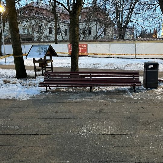 Sumontuotas naujas lauko suolas Pilių parke.
