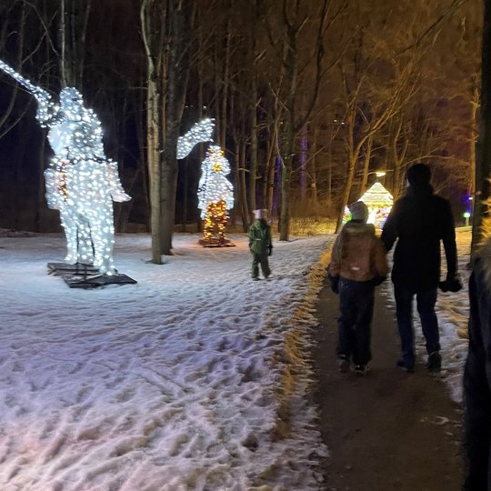 Kalnų parko snieguotas takas. Juo eina pora žmonių. Aplink šviečia kalėdinės šveiselės ir Lumina park instaliacijos.