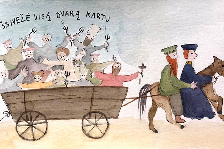 Elijos Laurikėnaitės iliustracijoje, kurioje vaizduojami didikai ant arklio, vežime besivežantys savo dvaro žmones.