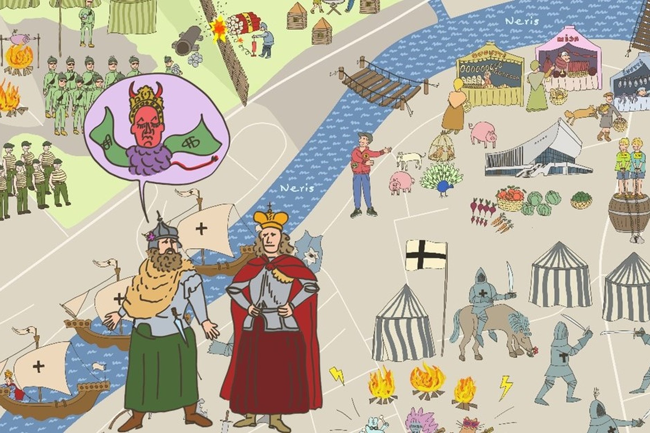 Derybų tarp Algirdaičių ir Kęstutaičių iliustracija. Joje matosi ir Vilniaus senasis miestas, kuriame verda gyvenimas.