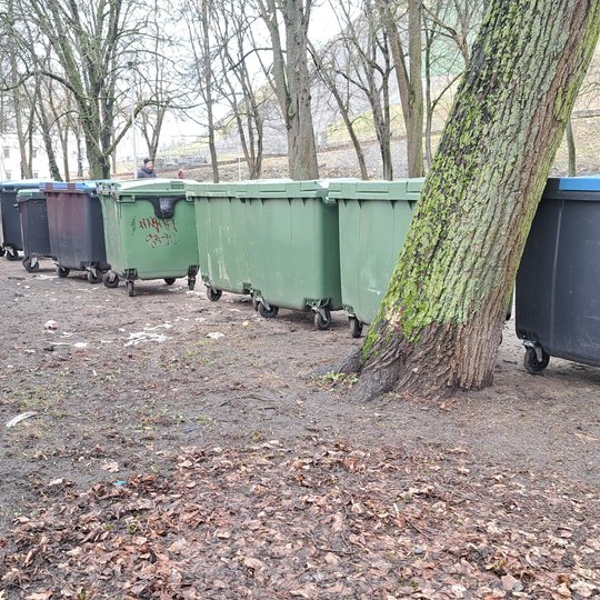 Nufotografuota prieš tai aplink konteinerius besimėtę šiukšlės.