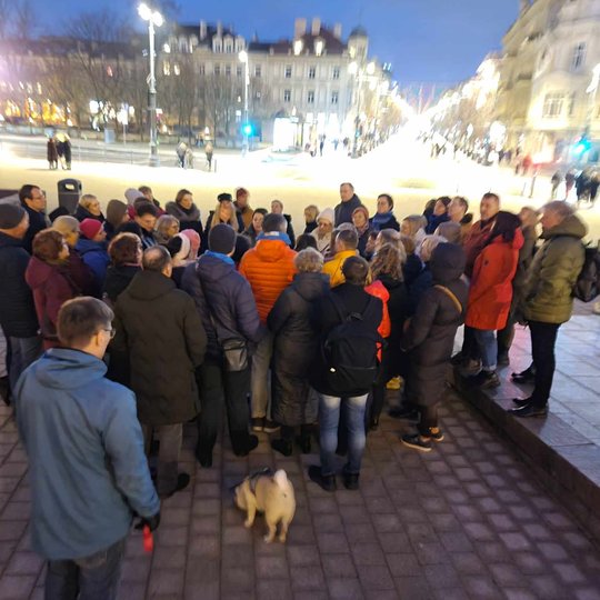Vyksta ekskursija Katedros aikštėje, prie Gedimino prospekto.