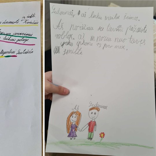 Du vaikų ranka rašyti laiškai kunigaikščiui Gediminui. Laiškuose nupiešti ir piešiniai.