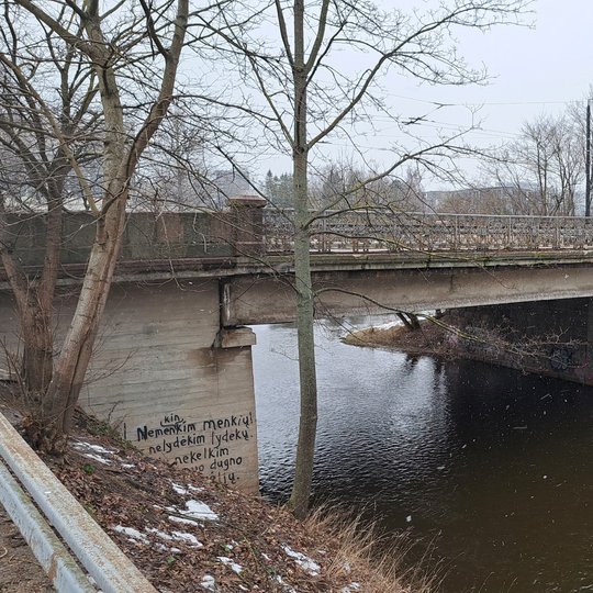 Tiltas prie Neries ir Vilnios upių santakos dar prieš sutvarkymą - ant jo betoninio pagrindo matyti gausybė graffiti piešinių.