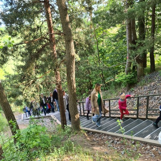 Mokinių grupė keliauja į Kalnų parką Bekešo kalno laiptais.