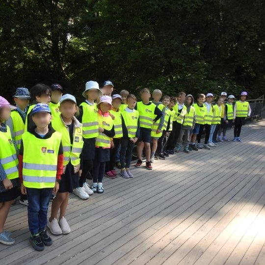 Gausi, lyg nykštukų, komanda, išsirikiavus ant tilto per Vilnios upę.