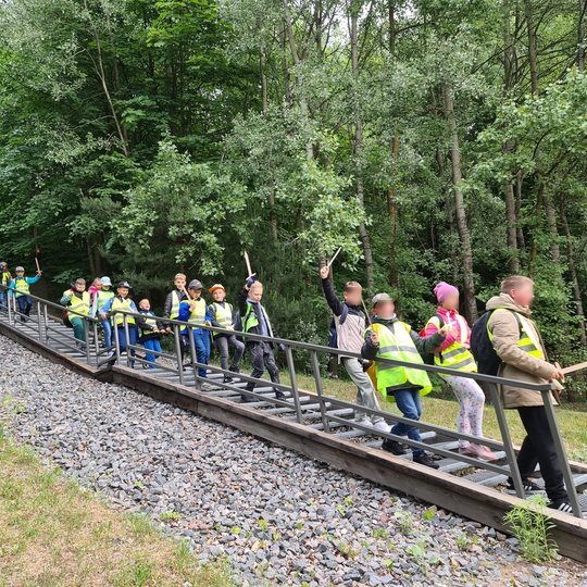 Mokiniai, lipdami Bekešo kalno laiptais žemyn, atsisveikina su Vilniaus pilimis vėl mojuodami kardais.