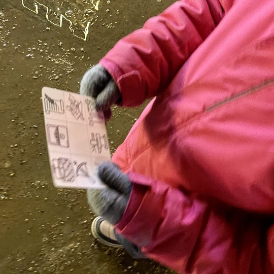 Mergaitės rankoje esanti kortelė, kuri padeda ekskursijos metu.