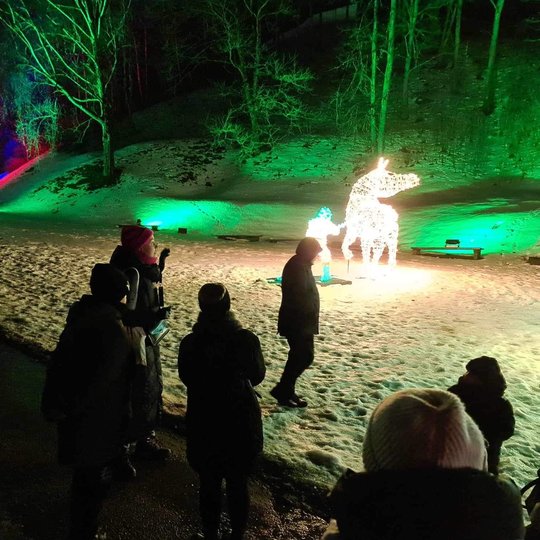 Gidė pasakoja šeimoms apie Kreivosios pilies tragediją prie tauro medžioklės šviesų instaliacijos.
