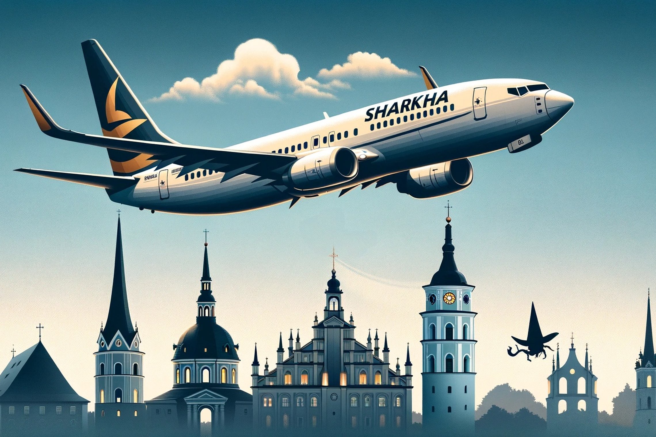 pirmame plane skrenda lėktuvas su užrašu SHARKHA, apačioje matosi miesto bokštai.
