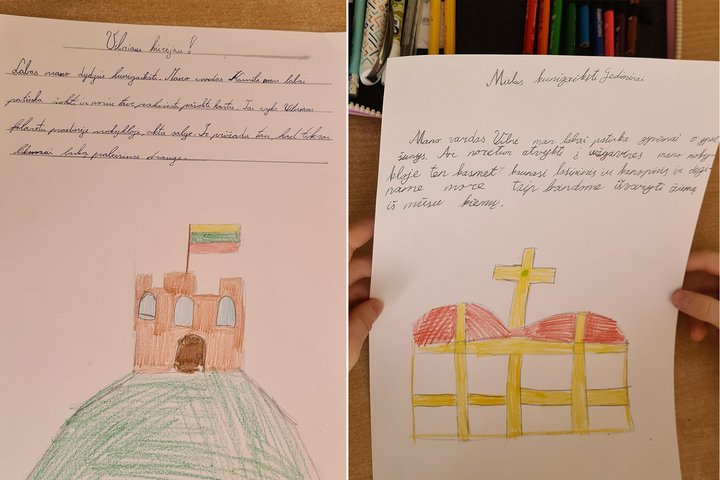 DU vaikų laiškai Gediminui. Jie rašyti baltame lape, prie laiškų yra ir piešinių.