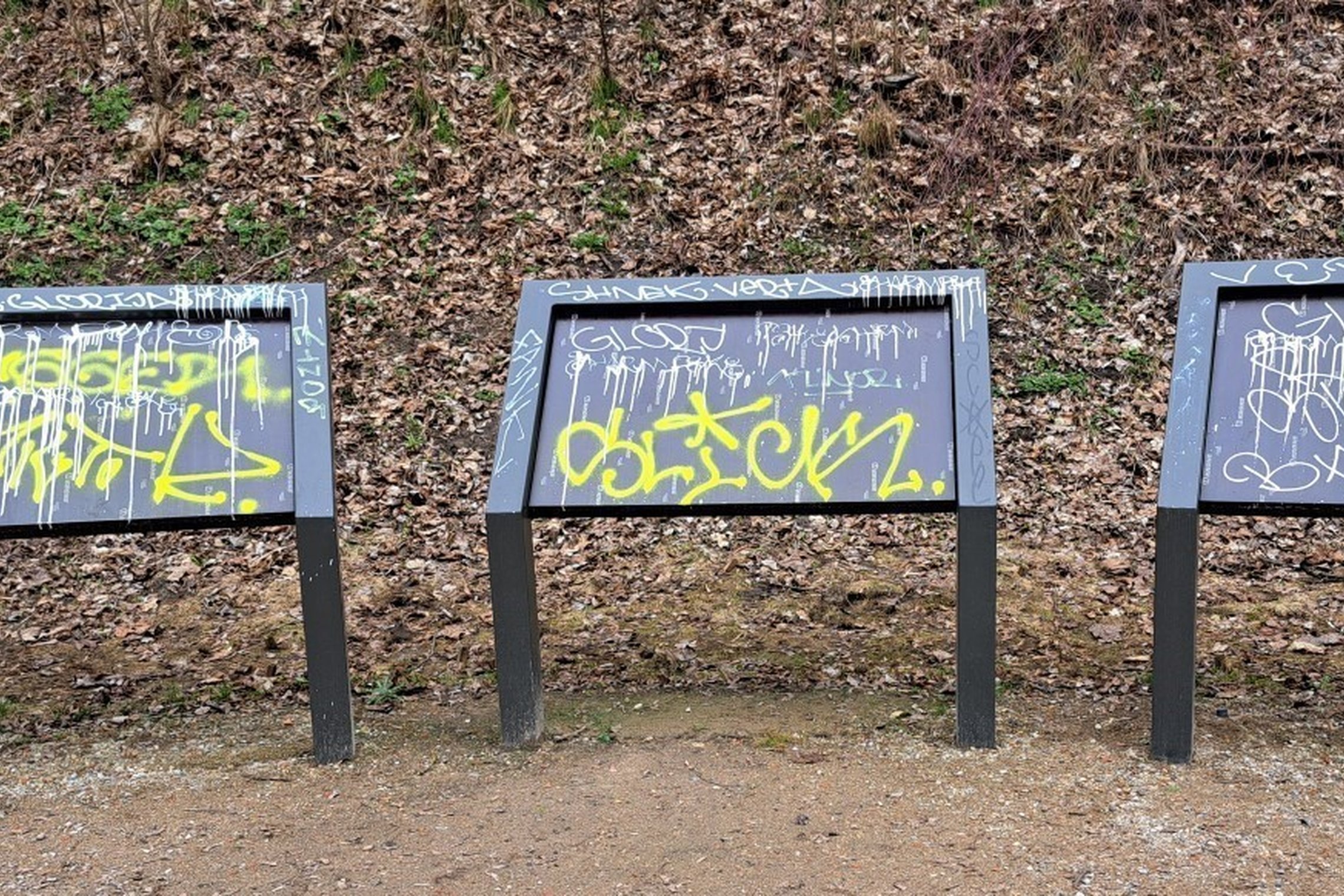 Trys informaciniai stendai, apipurkšti grafiti ir apipiešti markeriais Pilių parke prie Vilnelės upės.