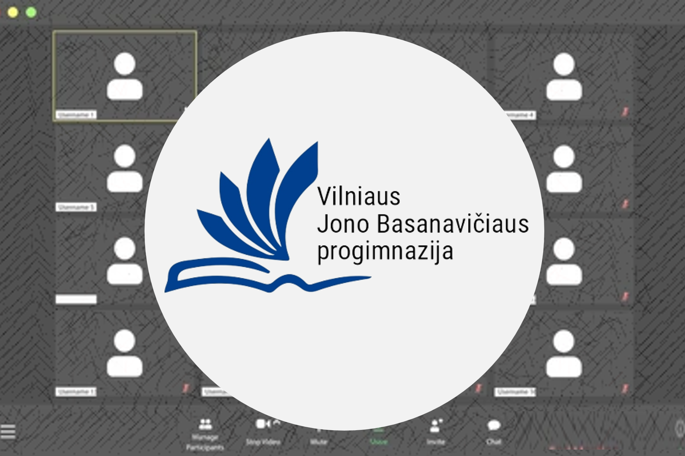Paveikslėlyje yra Vilniaus Jono Basanavičiaus progimnazijos ženklelis Zoom internetinio susitikimo fone.