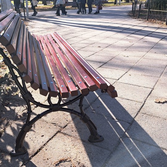Atnaujintas suolas prie Sereikiškių parko gėlyno, nufotografuotas iš kairiojo šono.