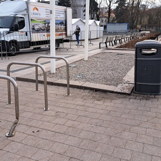 Dar sausio antrą dieną fotografuotas įlenktas dviračių stulpas Katedros aikštėje.