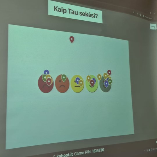 Projektoriuje matomas Kahoot žaidimo rezultatų įsivertinimas.