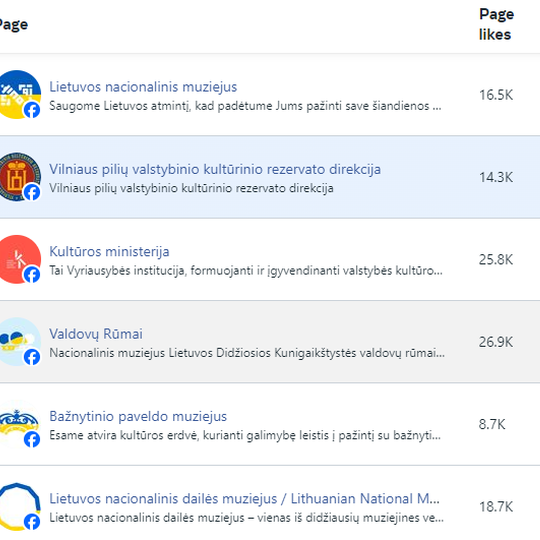 Iliustracijoje pateikiama vaizdinė ištrauka iš Facebook platformos, kurioje parodyta, jog tarp tokių institucijų kaip Lietuvos nacionalinis muziejus, Valdovų rūmai, Kultūros ministerija , Vilniaus pilių profilis 2024 metų vasario mėnesį stovi antroje viet