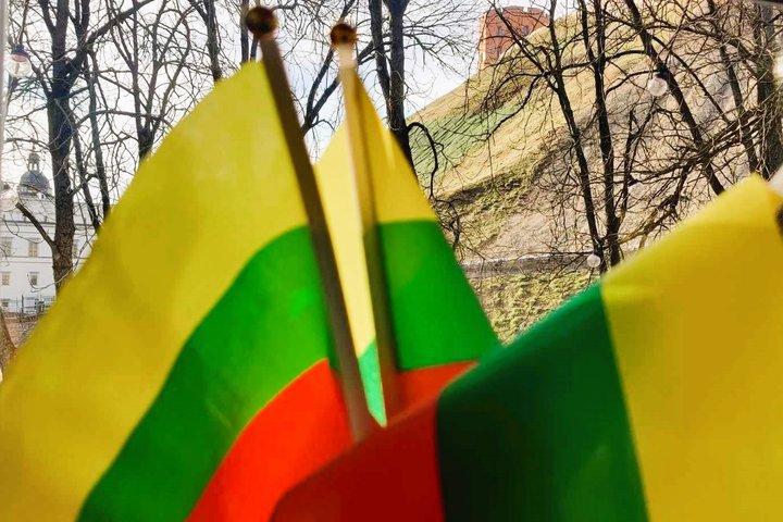 Trys Lietuvos vėliavėlės. Pro jas matosi Gedimino pilies kalnas.