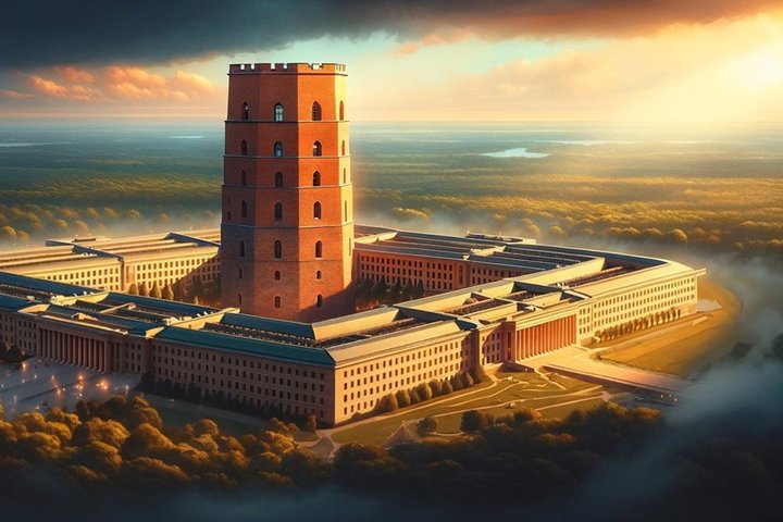 Dirbtinio intelekto sugeneruota nuotrauka, kurioje Gedimino pilies bokštas yra gigantiškas, stovintis miesto centre. Juosiamas baltais rūmais.