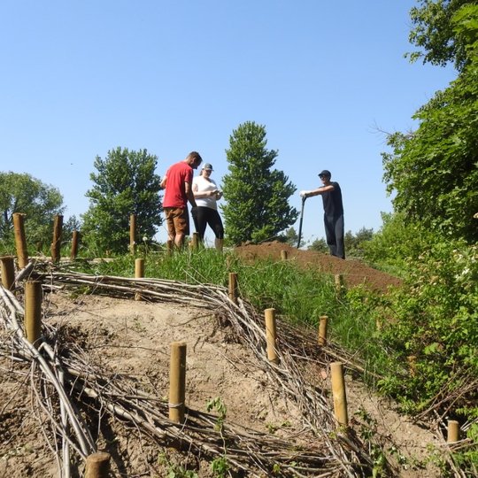 Trys savanoriai pasirinko kasti ir mesti gruntą griovon, kad būtų išlygintas sutvirtintas šlaitas.