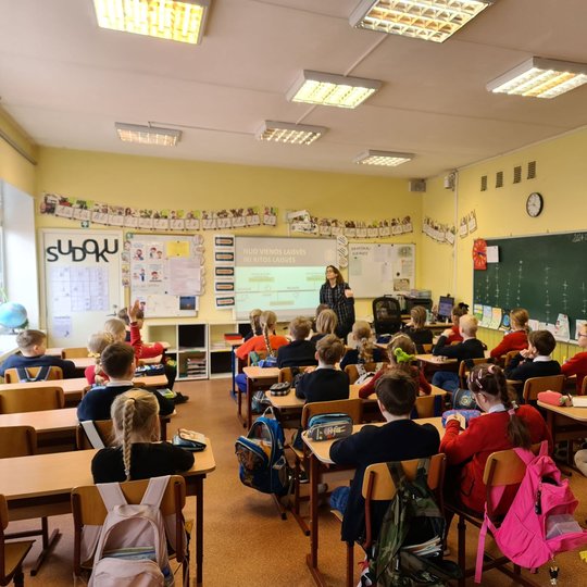Klasė iš galo. Klasės priekyje edukatorė, dėstanti poamoką. Mokiniai žiūri į ją.