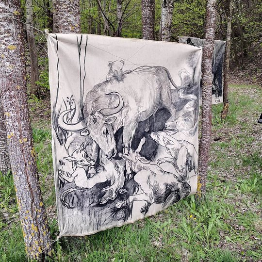 Piešiniuose ant drobės vaizduojamas kunigaikščio Gedimino sapnas, ir kaip atsirado Vilniaus miestas.