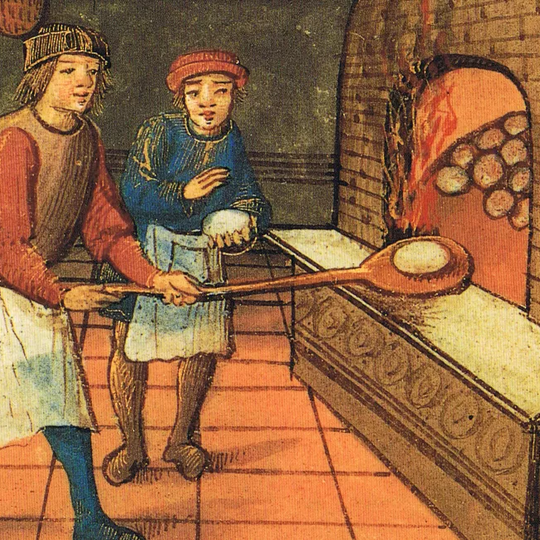 Piešinys, kuriame du vyrai ruošiasi kepti duoną krosnyje.