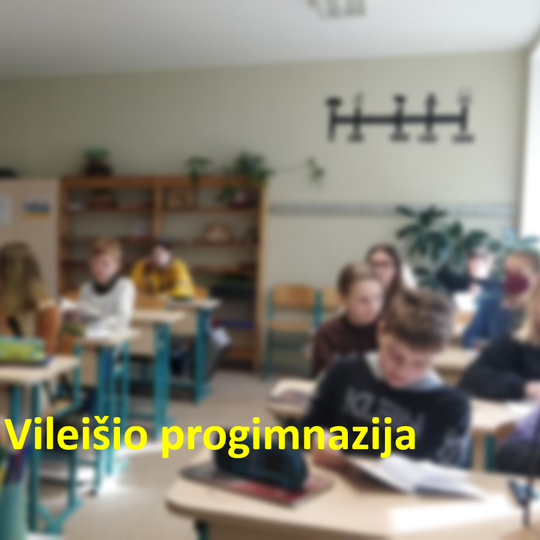 Nuotraukoje yra užrašas "Vilniaus Petro Vileišio progimnazija". Už jo yra mokiniai, sėdintys klasėje.