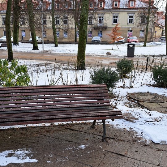 Nufotografuotas lauko suolas prieš jo remontą. Matosi, kad suolo medienos dažai jau nutrinti, metalinės kojos iškrypę.