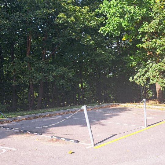 Dar ankstyvą rudenį, lapų žalumoje nufotografuota neįgaliųjų stovėjimo aikštelė, kurios kuolai yra pasvirę.